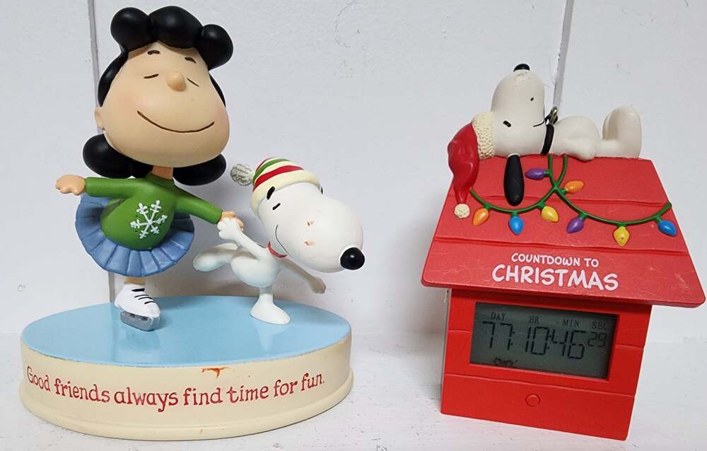 Hallmark Peanuts Lucy Snoopy Skating Figurine & Snoopy Xmas Countdown Clock